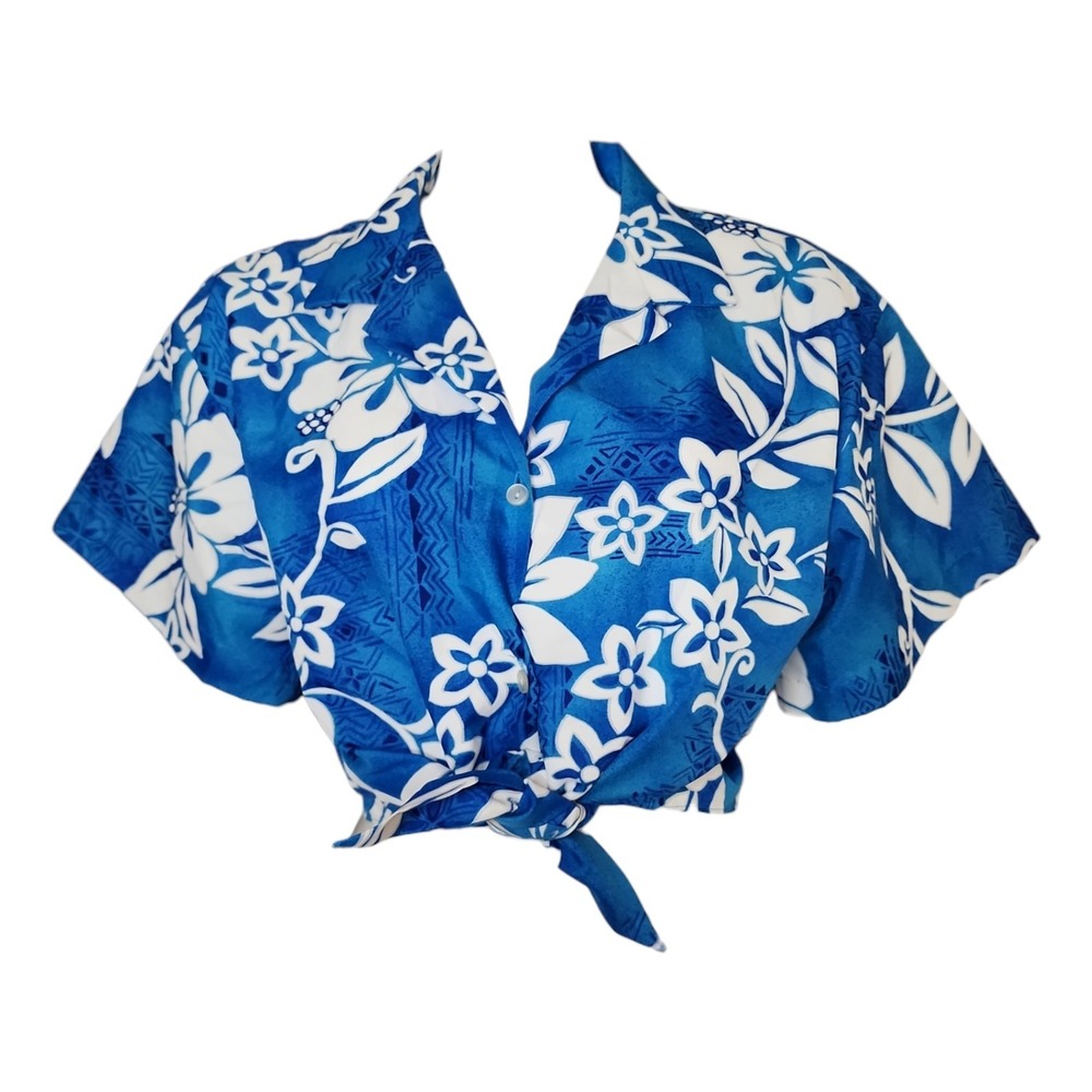 Hilo Hattie Shirt Womens Large Blue White Floral Hawaiian‎ Crop Button Tie Front